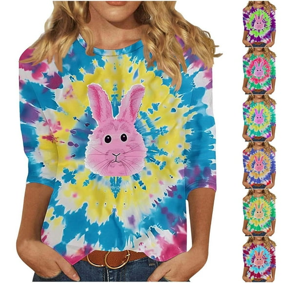 Jinhomg Chemises de Pâques pour Femmes Teinture sur Nœuds Fantaisie Imprimé Lapin T-Shirt de Vacances Léger Confortable Manches 3/4 Col Rond Tunique 2025 Jupes pour Dames Articles en Liquidation pour Femmes Rose Vif TG