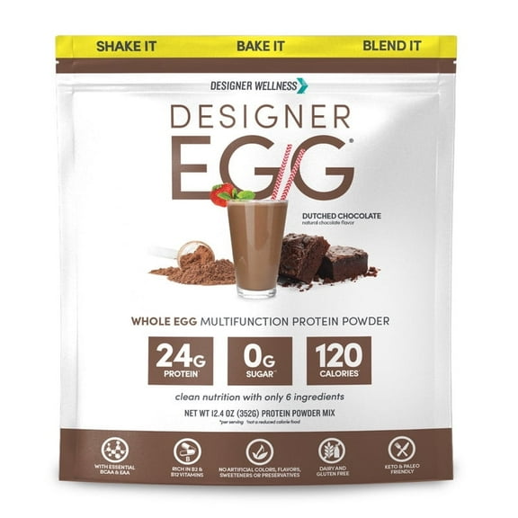 Designer Wellness , Designer Egg, Natural Egg Yolk & White Protein Powder, 24g Protein, Keto and Paleo Friendly, Less Fat and Cholesterol, Dutch Chocolate 12.4 Ounce