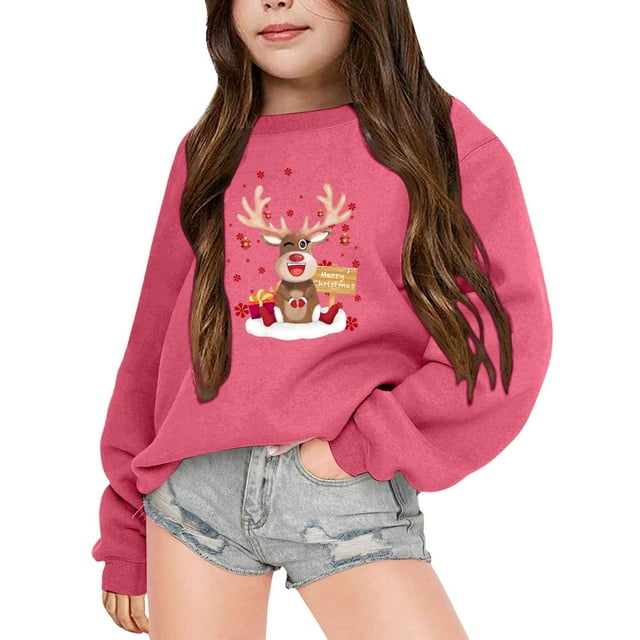 Hfolob Chandail en Molleton pour Filles Automne Hiver à Manches Longues Imprimé de Noël Col Rond pour Garçons Filles Plus Chaud en Polaire