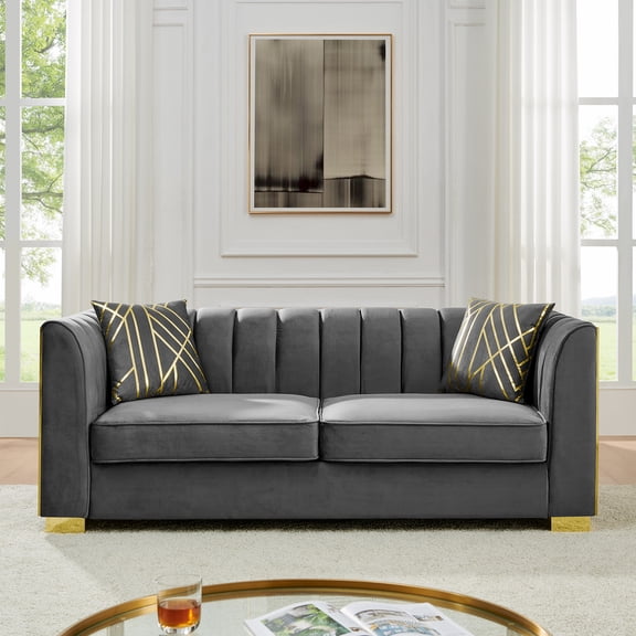 81.1" Velvet Button-Tufted Sofa Couch with 2 Pillows, Luxury 3-Seater Chesterfield Sofa with Gold Stainless Steel Accents, Elegant Seating for Living Room or Apartment (Gray)