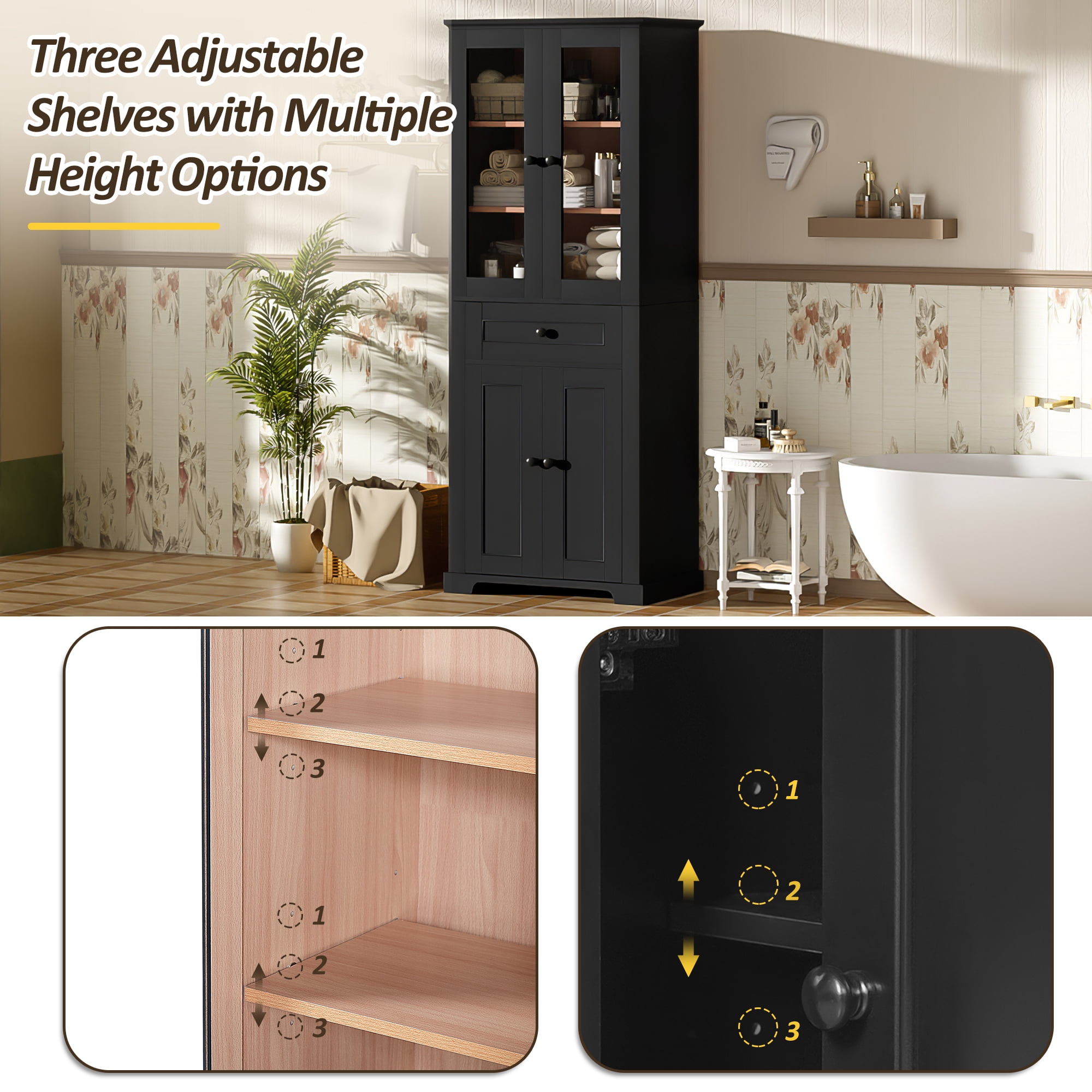 Euroco 67.2" Tall Bathroom Storage Cabinet with Tempered Glass Doors, Adjustable Shelves & Drawer – Modern Freestanding Linen Tower, Soft-Close Design