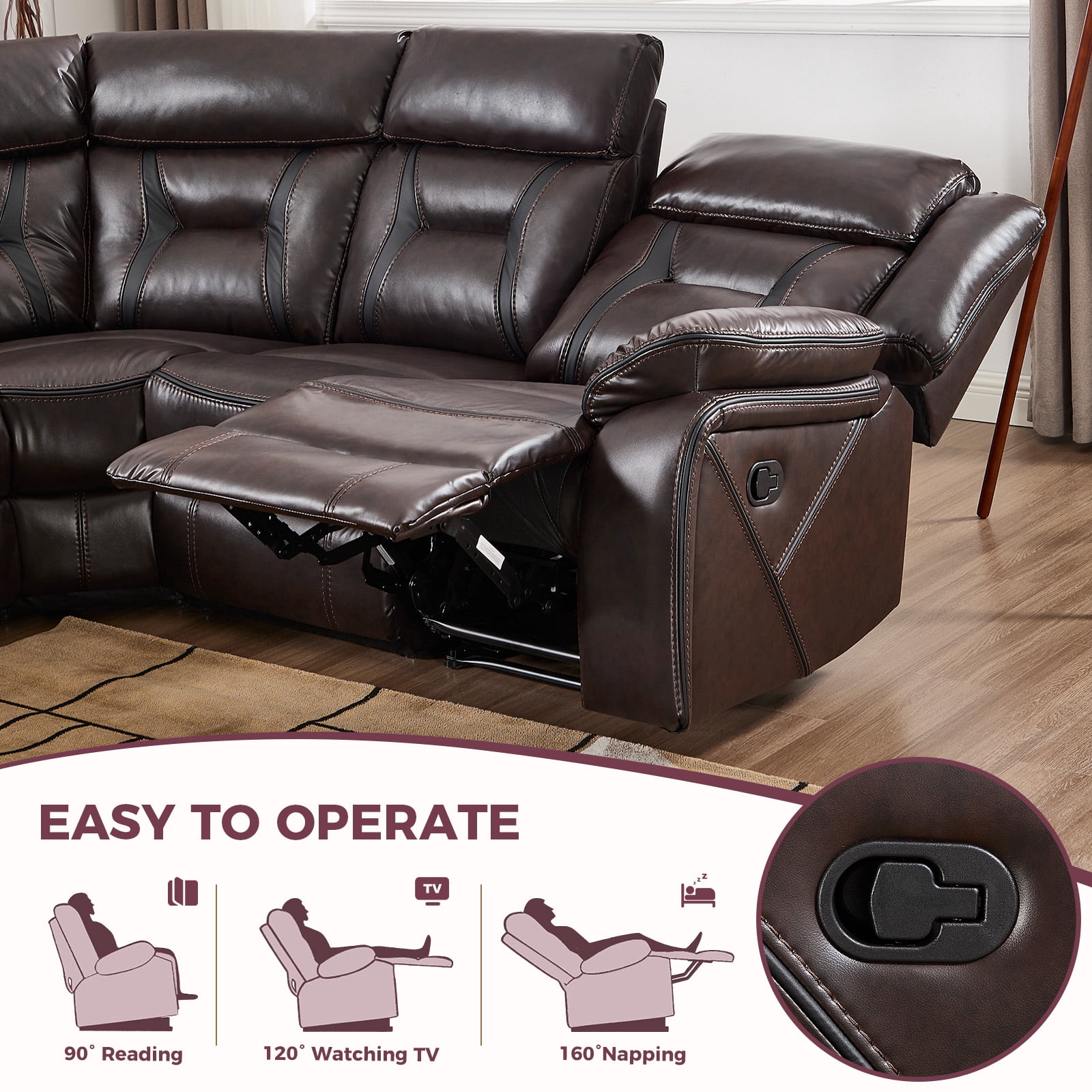 Bonzy Home 5‑Seat Reclining Chair Sofa with Center Console, Hidden Storage & Cup Holders Couch for Living Room & Meeting Room