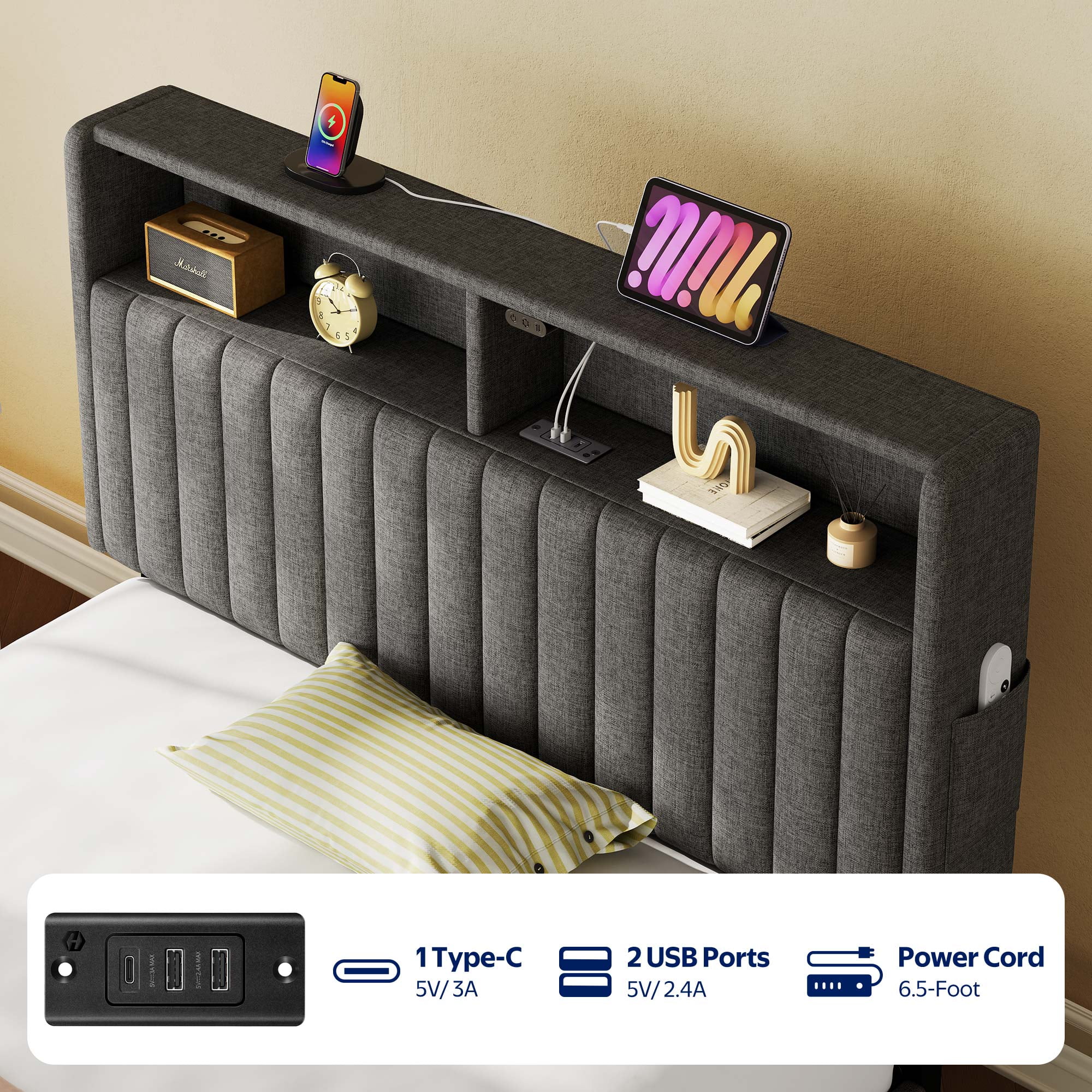 Greenstell Twin Bed Frame with LED Light & Platform Bed with Upholstered Storage Headboard USB Ports & Charging Station, Dark Gray