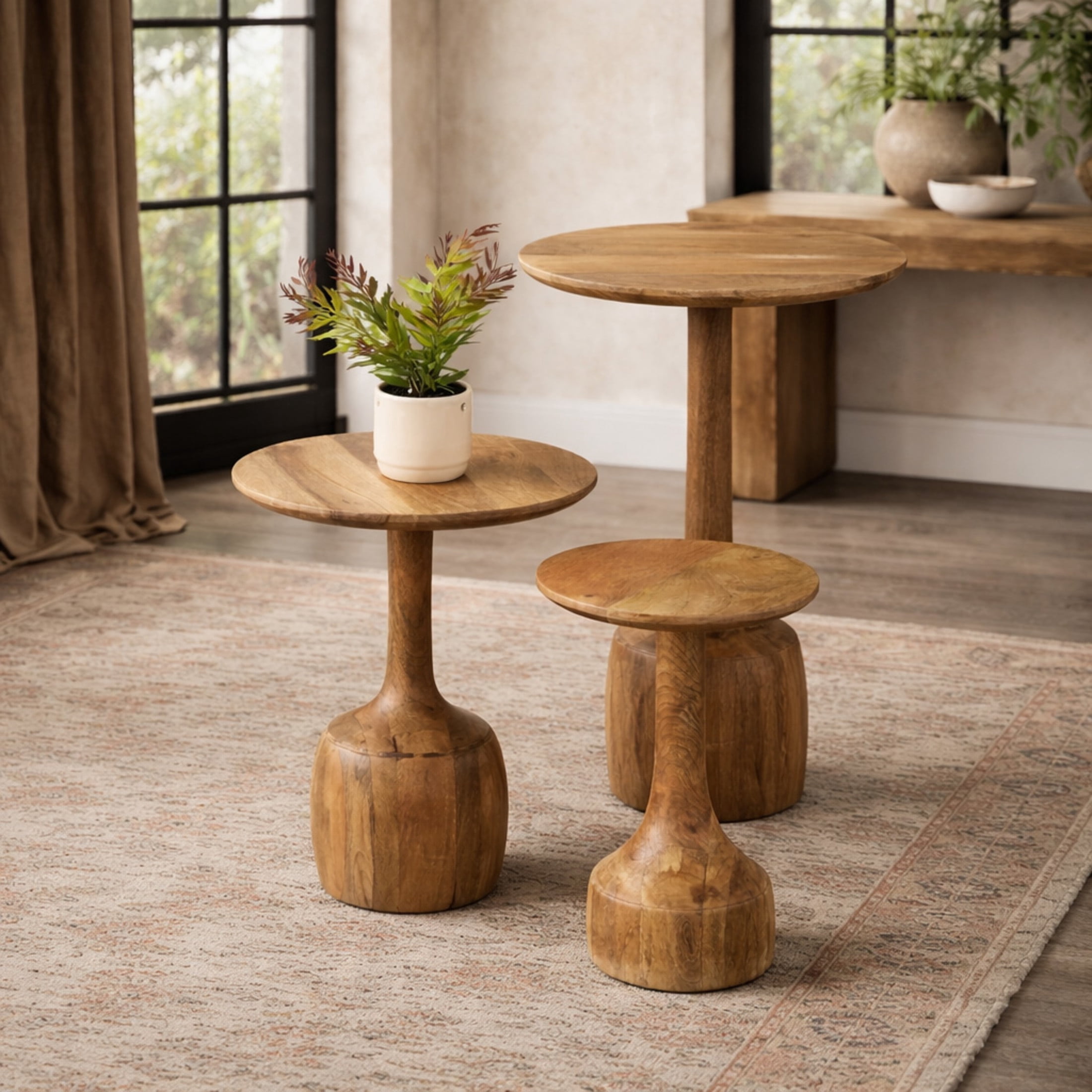 DecMode 12" x 16" Brown Mango Wood Handmade Accent Table with Elevated Bases, 3-Pieces