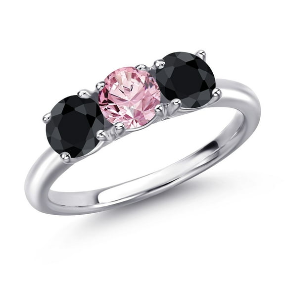Gem Stone King 925 Sterling Silver Pink Lab Grown Diamond and Black Sapphire Engagement Ring for Women | 1.88 Cttw | Round 5MM | Gemstone April Birthstone | Size 5