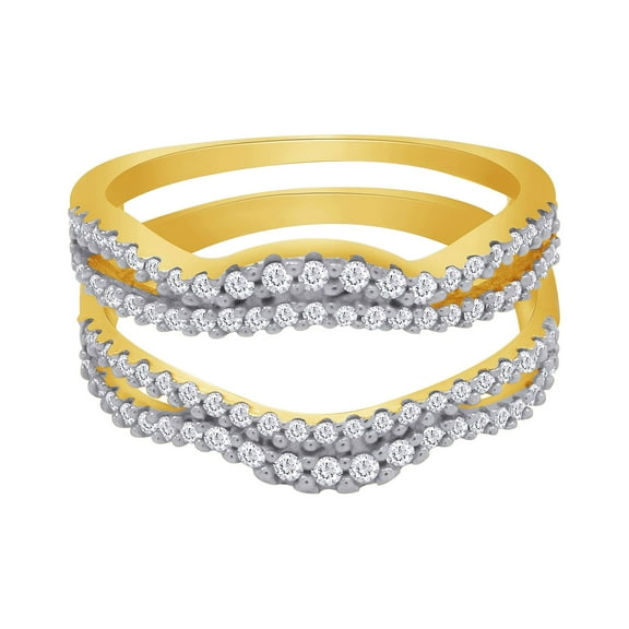 Round Cut White Cubic Zirconia Double Row Chevron Enhancer Guard Ring 14K Yellow Gold Ring Size - 9