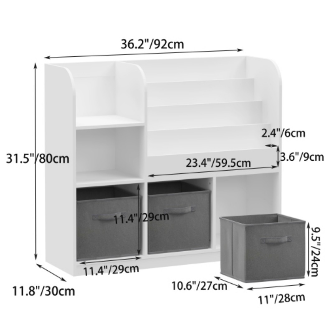 Kids Bookcase and Bookshelf, Multifunctional Children's Bookcase with 3 Collapsible Fabric Drawers, Book Display Stand & Toy Storage Organizer for Bedroom, Playroom & Hallway, White/Gray