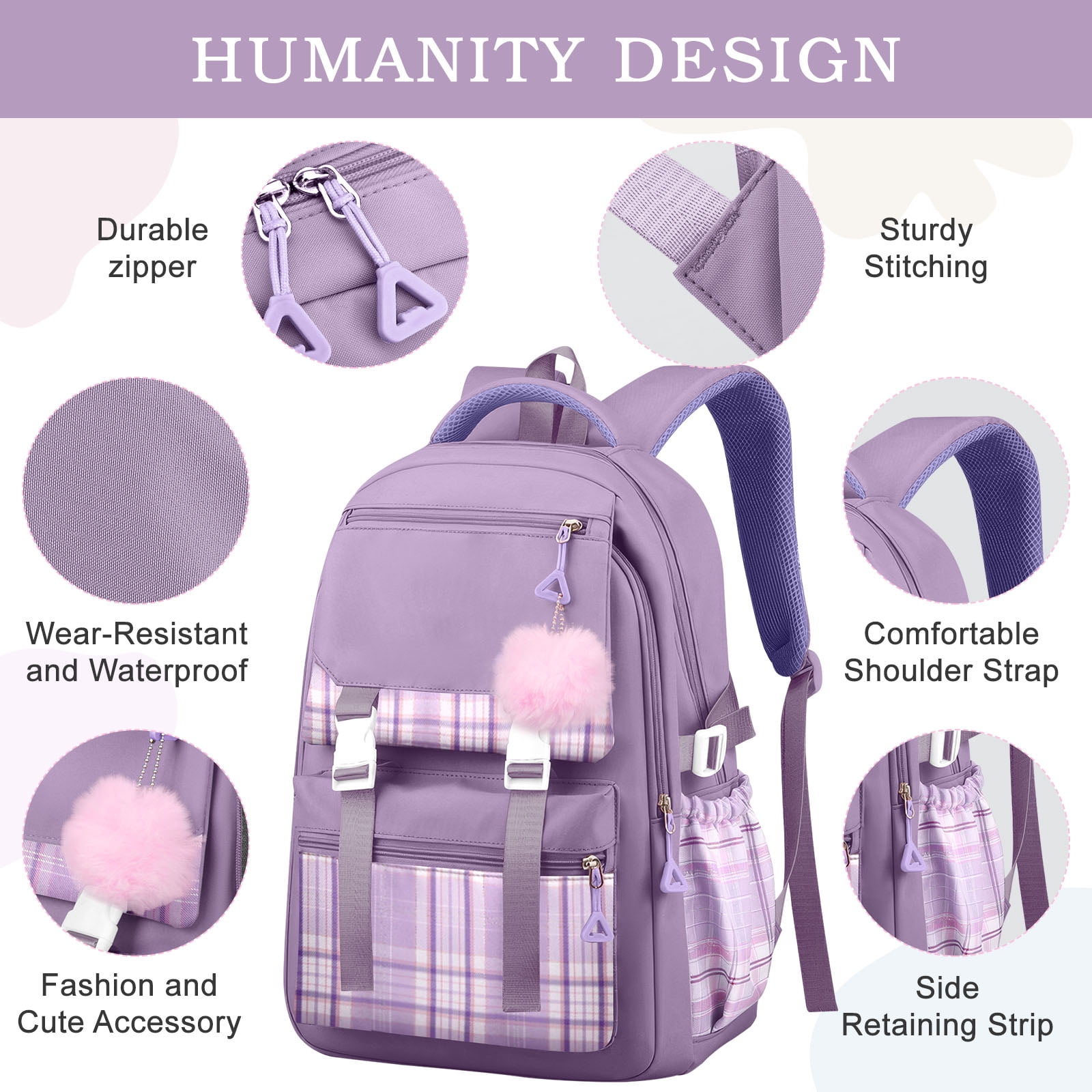 DAKIMOE Purple School Backpack for School, Travel, Work, Large Capacity Waterproof Bookbag with 7 Compartments and Luggage Belt