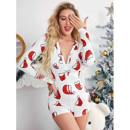 

Women Christmas Pajama Romper Sexy Printing Onesie Jumpsuit One Piece Short Bodysuit Sleepwear Pjs