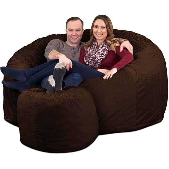 Ultimate Sack 6000 6-Foot Bean Bag Chair - with Footstool Set - Brown Fur Cover