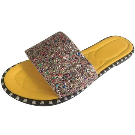 

Lyinloo Womens Glitter Bling Fancy Slide Flat Low Wedge Casual Fashion Sandals Shoes Yellow 43