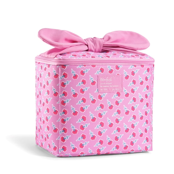 Fit & Fresh Luna Bow Lunch Tote, Stylish Insulated Lunch Bag for Girls, Kids Lunch Box for School, Reusable Cooler Lunch Bag, Sweet Pink Block