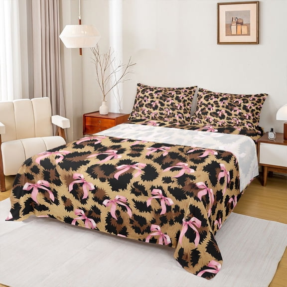 jejeloiu Wild Leopard Cheetah Twin Sheet Sets,Cute Bow Knot Twin Fitted Sheet,Pink Brown Flat Sheet For Girl,Breathable Home Decor,3-Piece