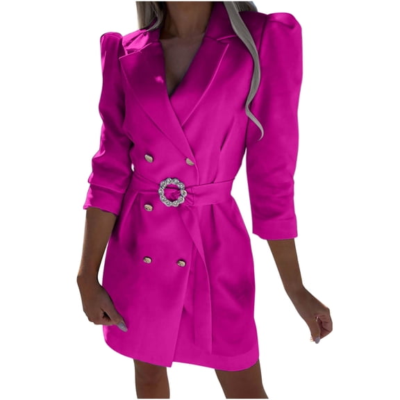 TIHLMK Casual Dress Women's Spring And Autumn Suit Lapel Double Breasted Waist Solid Color Slim Fit Long Sleeve Garland Belt Dress Hot Pink