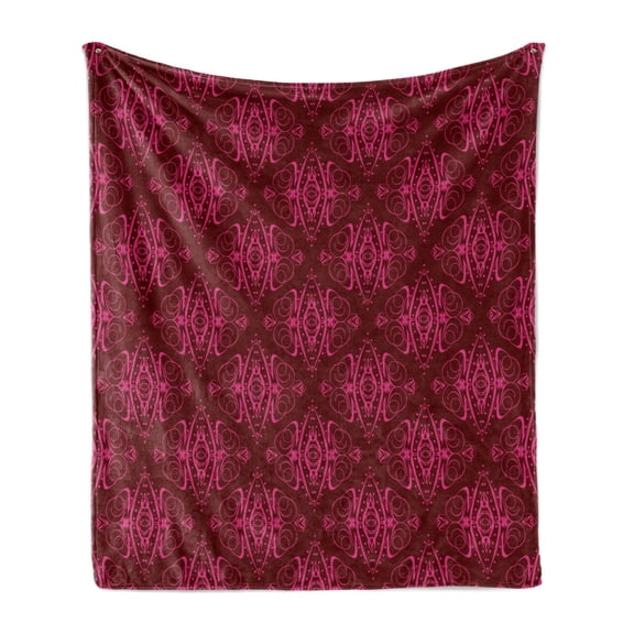 Hot Pink Soft Flannel Fleece Throw Blanket, Traditional Eastern Damask Pattern over Burgundy Background Design Print, Cozy Plush for Indoor and Outdoor Use, 50" x 70", Burgundy Pink, by Ambesonne