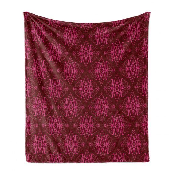 Hot Pink Soft Flannel Fleece Throw Blanket, Traditional Eastern Damask Pattern over Burgundy Background Design Print, Cozy Plush for Indoor and Outdoor Use, 60" x 80", Burgundy Pink, by Ambesonne