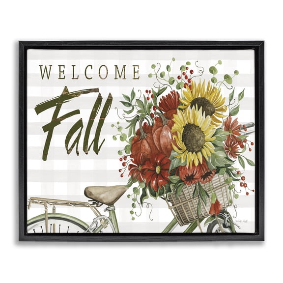 Stupell Industries Farmhouse Welcome Fall Autumnal Flower Assortment Bicycle Basket Black Floating Frame Canvas Art, 21 x 17, by Cindy Jacobs