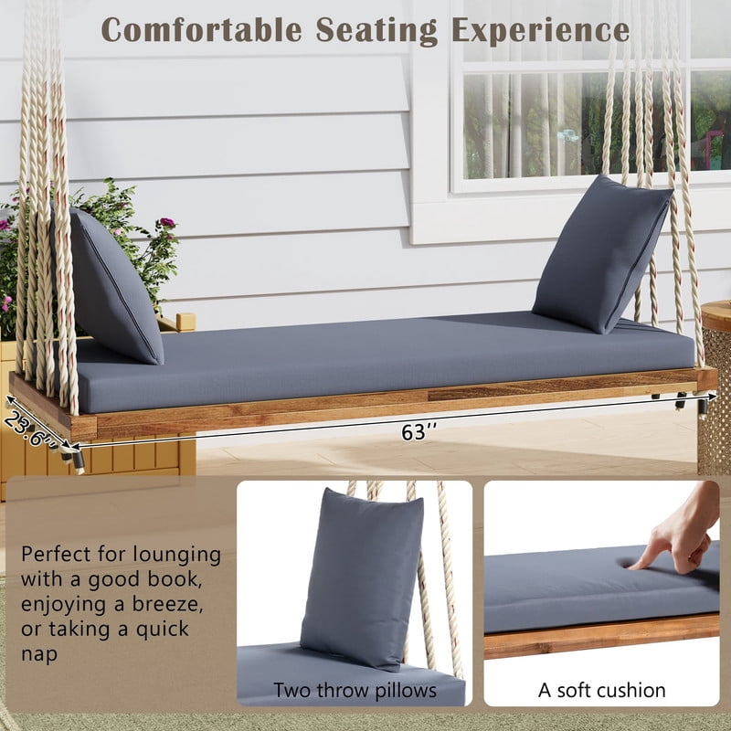 Patio Wooden Swing Chair, 2-Seat Hanging Porch Hammock Bench with Cushion & Pillows, Outdoor Swing Bench with 10.8Ft Hemp Ropes for Garden, Backyard, Lawn