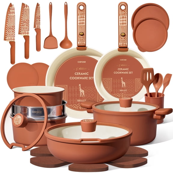 CAROTE 33-Pieces Nonstick Cookware Set, Ceramic Pots and Pans with Detachable Handles and Lids, Induction Compatible, Diswasher Safe, Orange