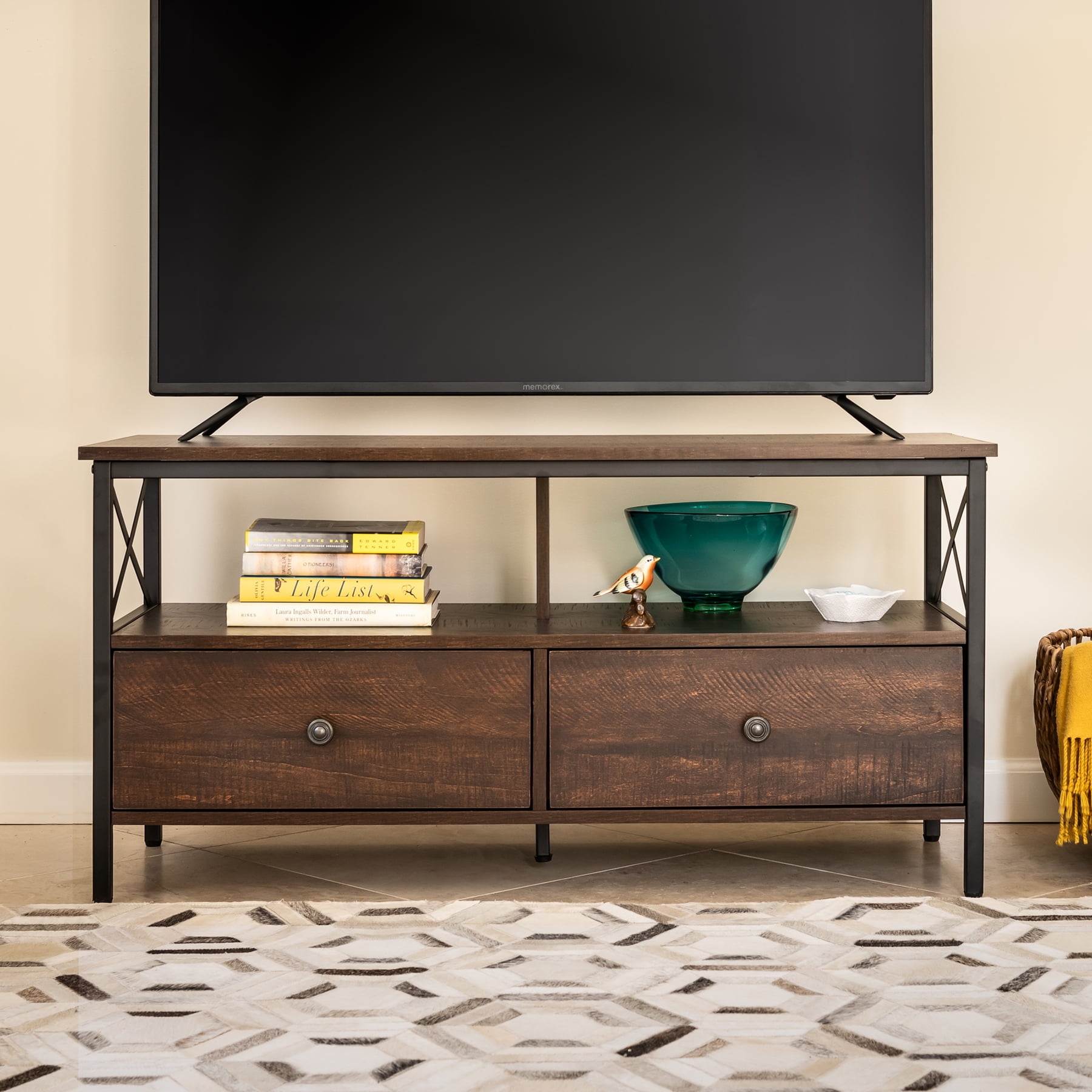 DecorTech Industrial Metal and Wood TV Stand for TVs up to 50", Walnut