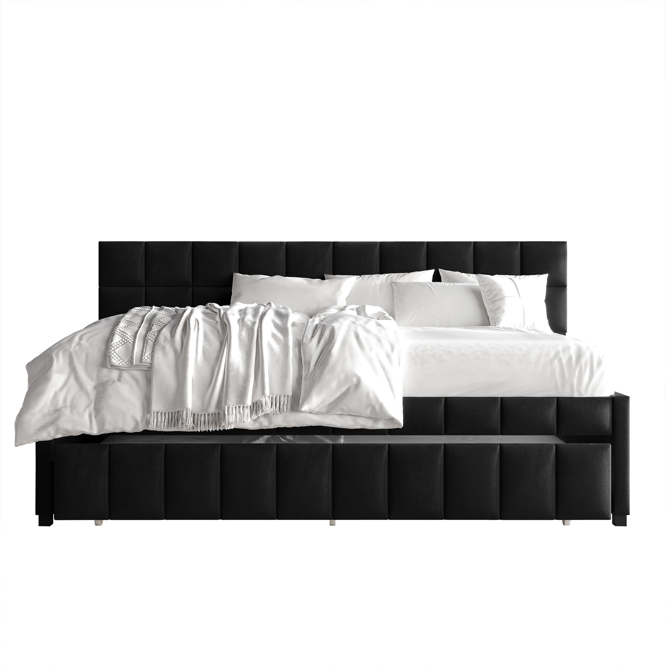 Castle Place Modern Velvet Upholstered Twin Daybed with Trundle, Black