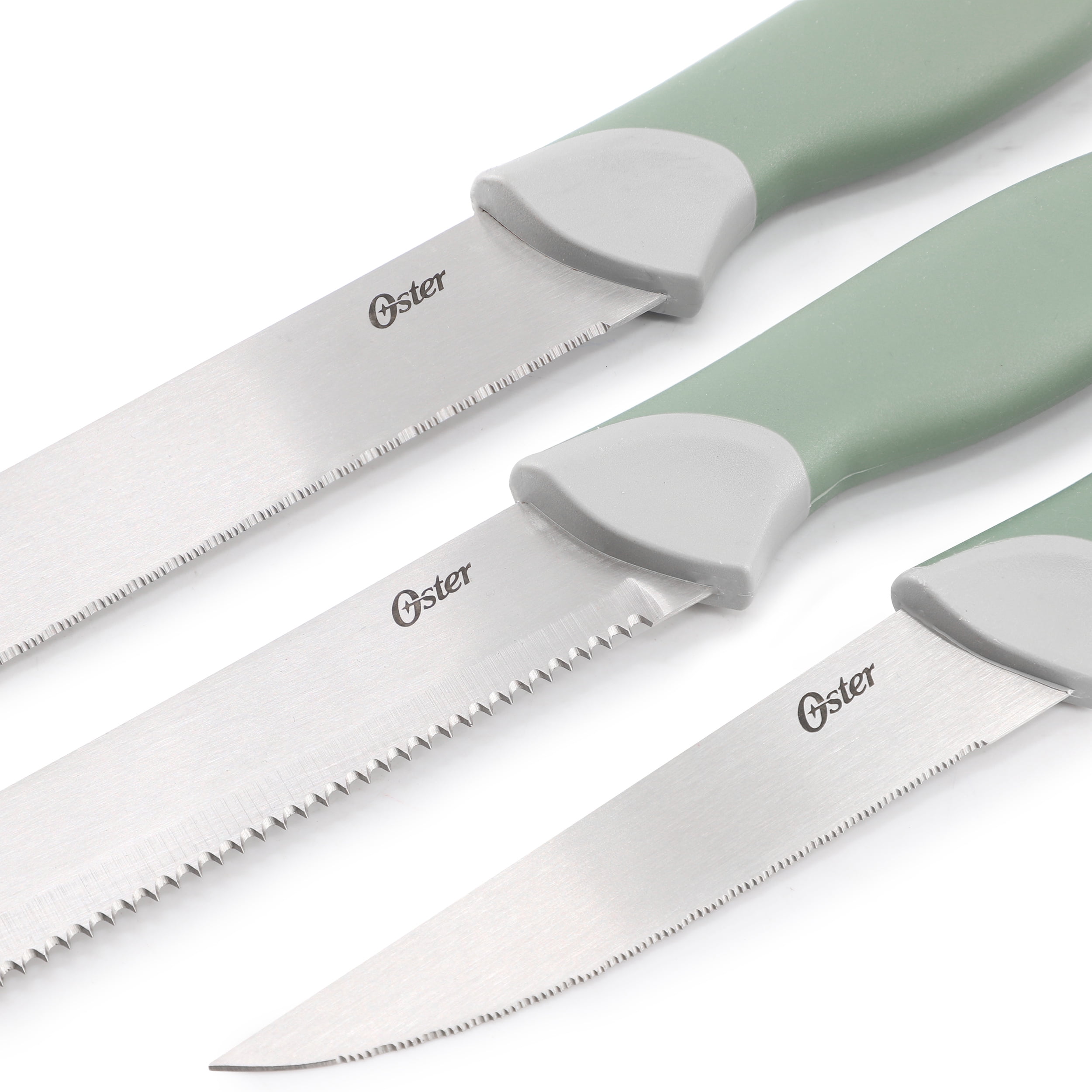 Oster Linbergh 14 Piece Stainless Steel Cutlery and Cutting Board Set in Green with Soft-Grip Handles