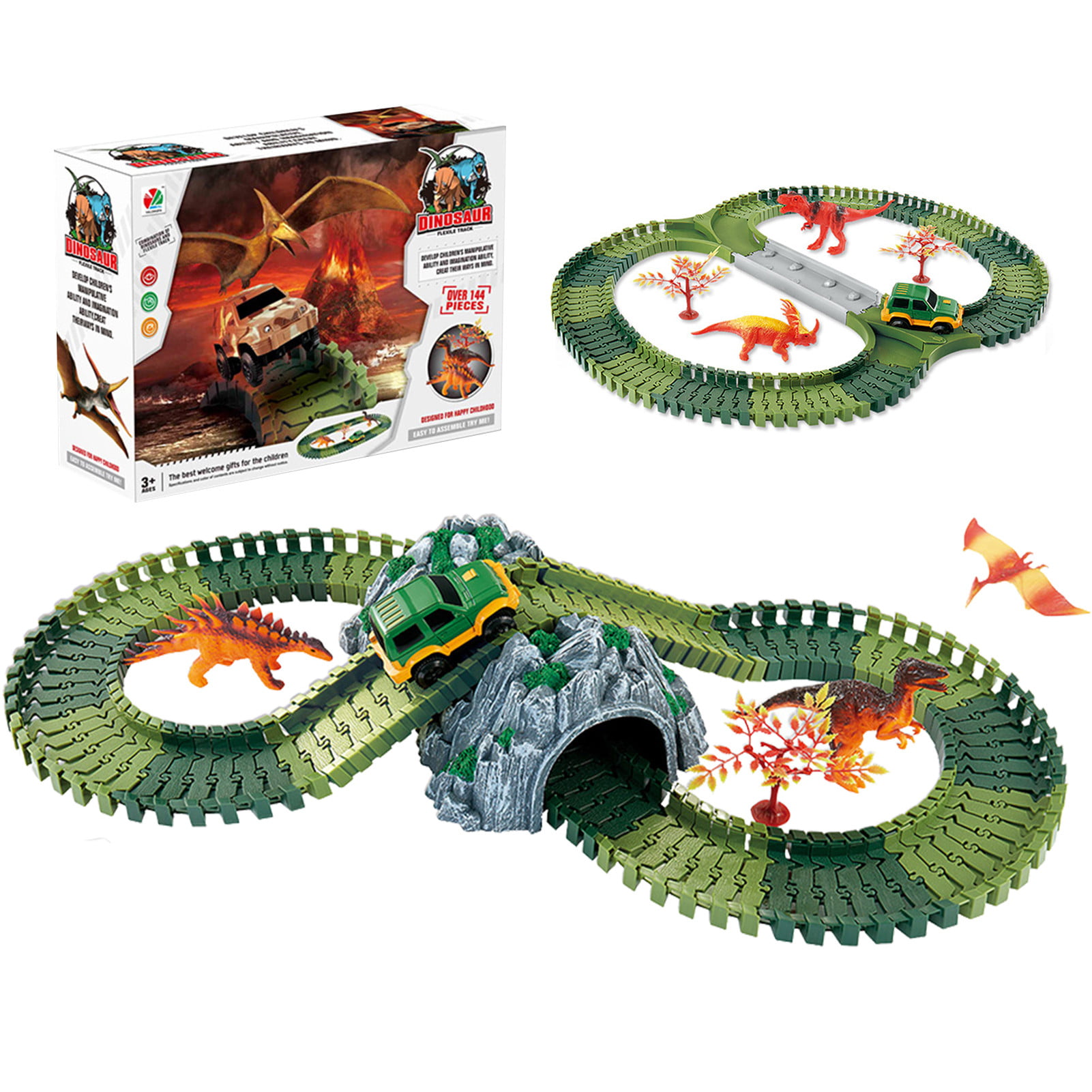 Boys Gift Green Race Track Set for 3 Dinosaur Track Playset zoolb Dinosaur Magnet Toys 