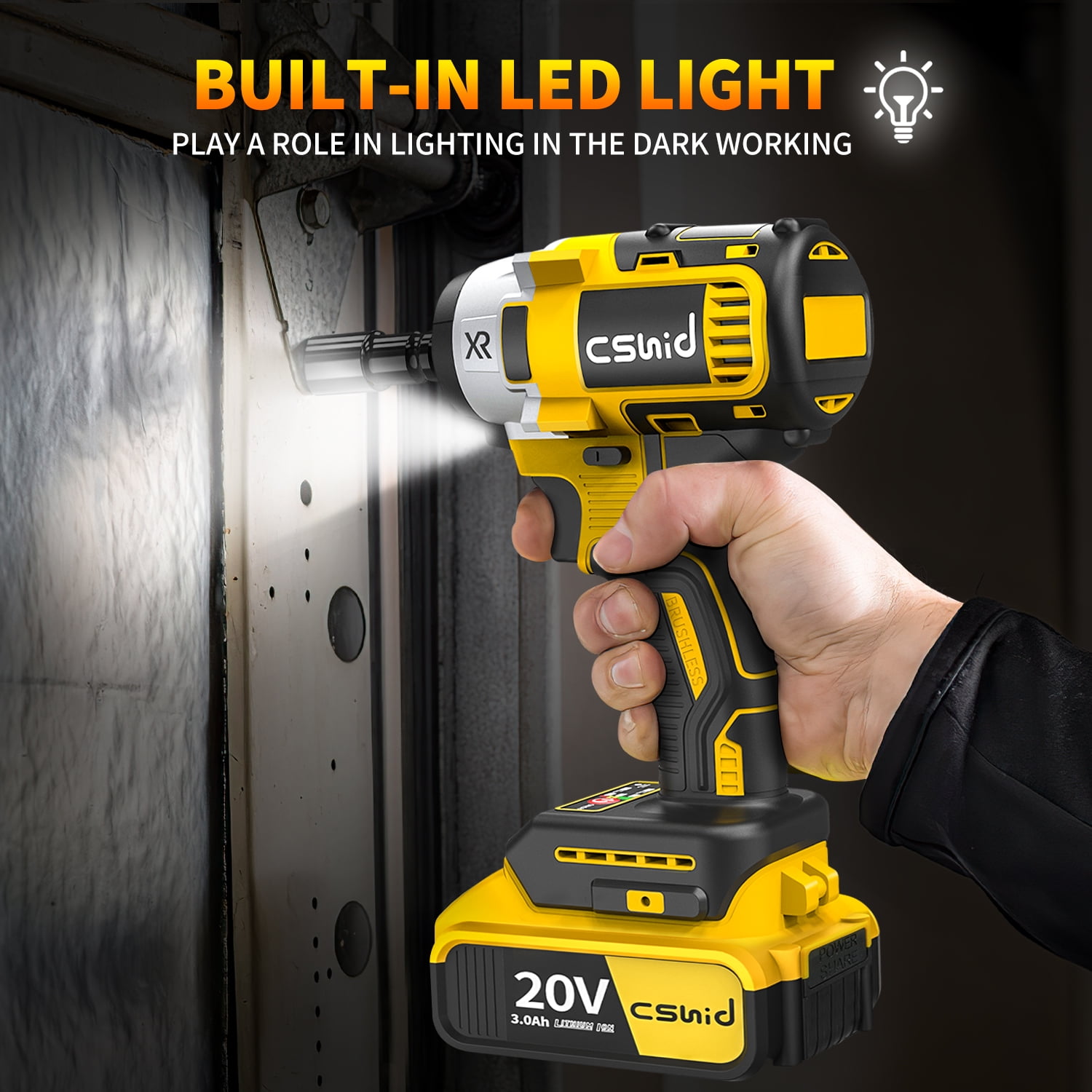 Cshidworld Cordless Impact Wrench 1/2", 20V Powerful Brushless Motor w/ 2-Mode Speed, Power Impact Wrench W/ 5 Sockets,8 Drill,6 Screws, Max Torque 280 ft-lbs (380N.m), Includes 2 x 3.0A Batteries