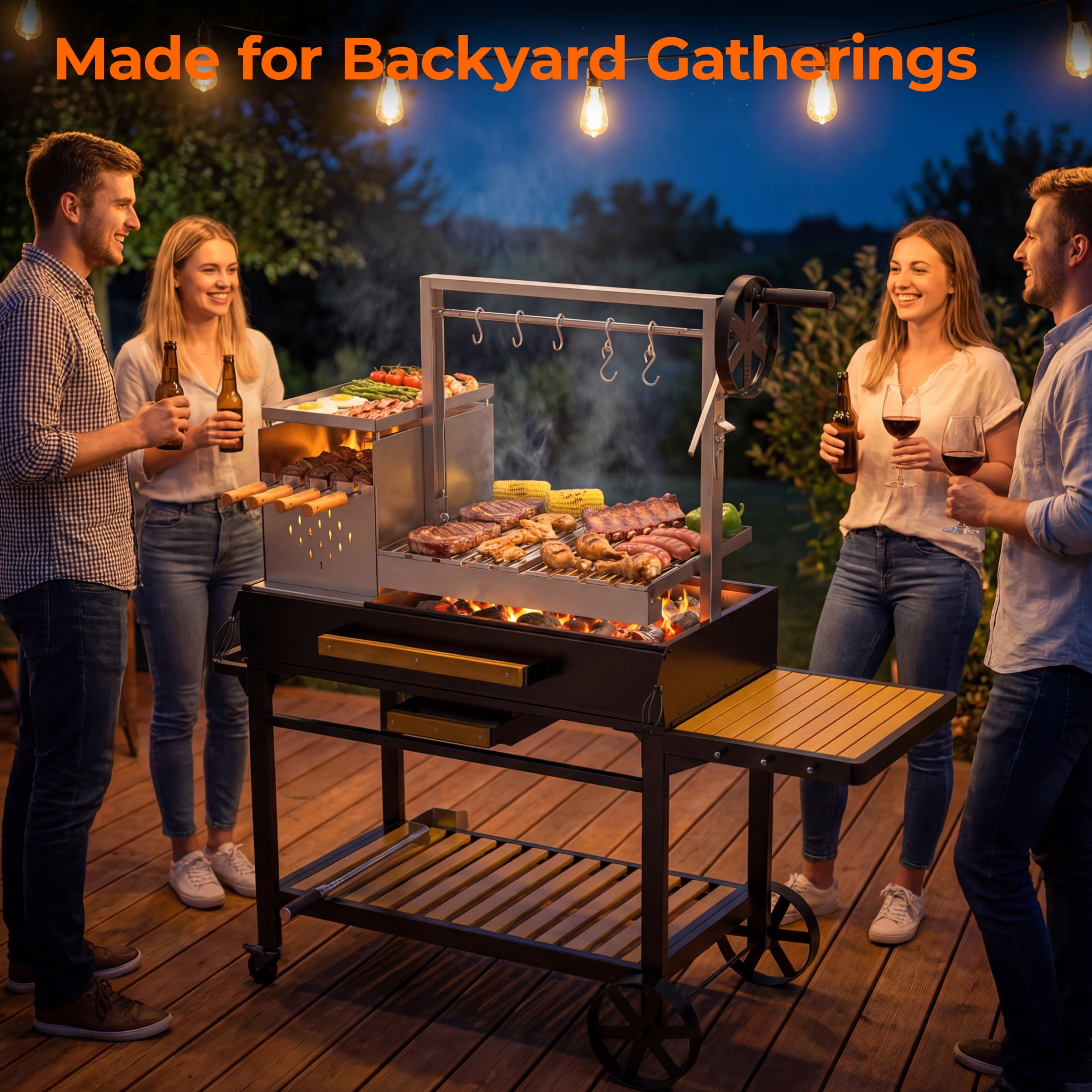 Flintex Professional Argentine Santa Maria Grill, Wood & Charcoal BBQ with Adjustable Height Grate, Asado Skewers & Tools, Ideal for Backyard & Patio Cooking