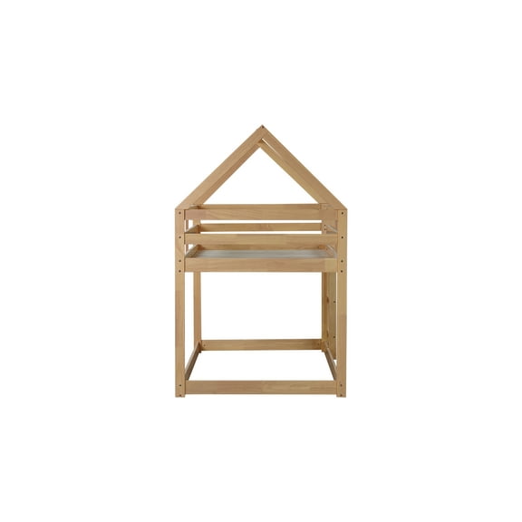 Twin over Twin Wood Bunk Bed, Ladder, Guardrails, House-Shaped, Natural