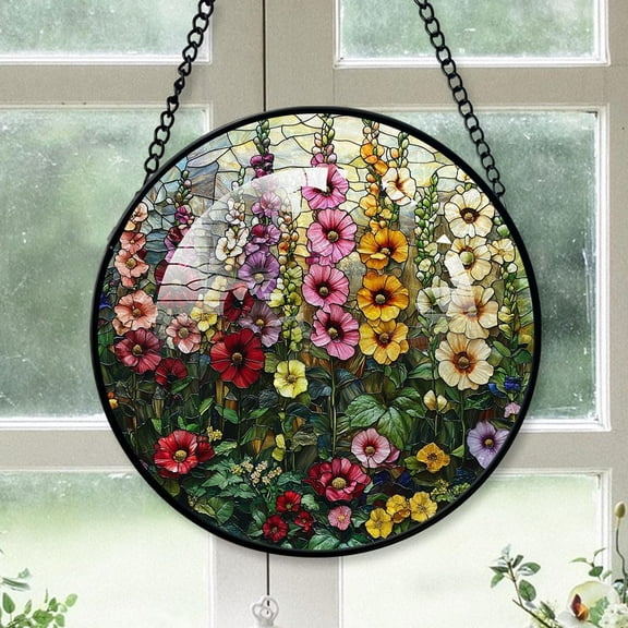 Hollyhocks Stained Glass Suncatcher Artistic Window Hanging, Hollyhocks Hand-Painted Glass Panel Wall Home Decor, Hollyhocks Garden Decor. OUEfOt