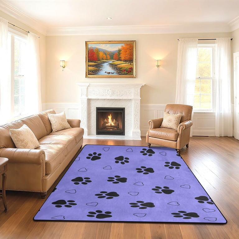 Dog Paw Print Purple Area Rug 63x48 Inch Non Slip Absorbent Soft