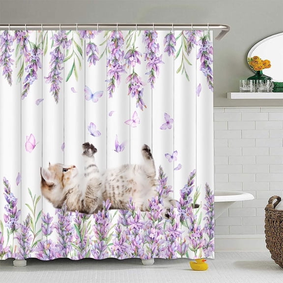 Funny Cat Flower Shower Curtain, Purple Lavender, Butterfly Kitty and Rustic Floral Pet Lover Bathroom Decor 36"W x 72"H