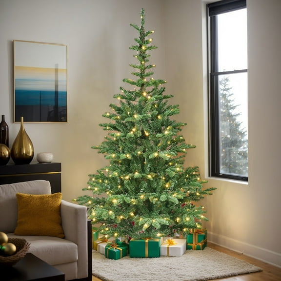 Resenkos 7ft Pre-Lit Green Christmas Tree with 900  Branch Tips & Foldable Stand, Green