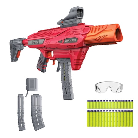 DART ZONE Pro-Series MK-3 Motorized 150 FPS Full Auto Blaster for Ages 14+ - 30 Soft Bullet Darts, Red Dot Sight, Mags, Stock & Eyewear - 125 ft Range