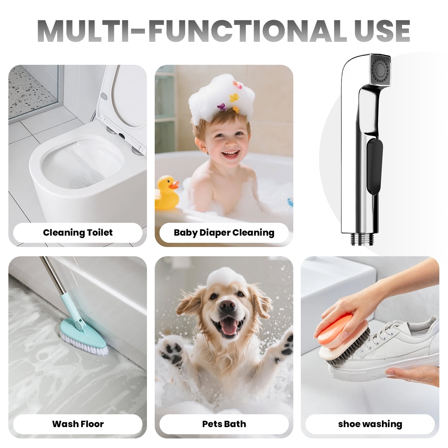Inster Stainless Steel Handheld Bidet Sprayer, Bidet Attachment Silver with T-Valve Shut Off, Adjustable Pressure