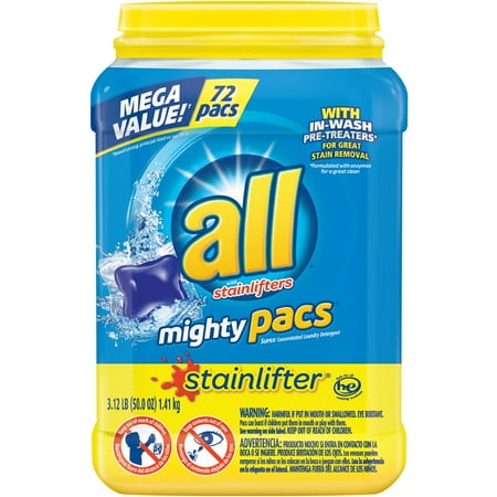 All with Stainlifters Mighty Pacs Super Concentrated Laundry Detergent, 72 count, 50.7 oz