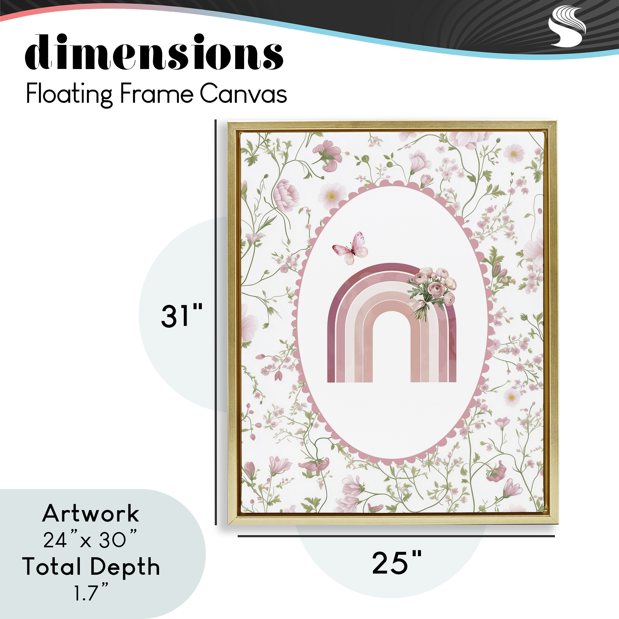 Delicate Florals & Rainbow Gold Framed Floater Canvas Wall Art, design by Christine Simpson Art