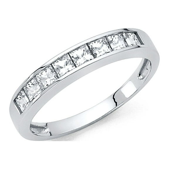 14k White Gold CZ Princess Wedding Band Anniversary CZ Ring Bridal Square CZ Band Channel Set Size 7