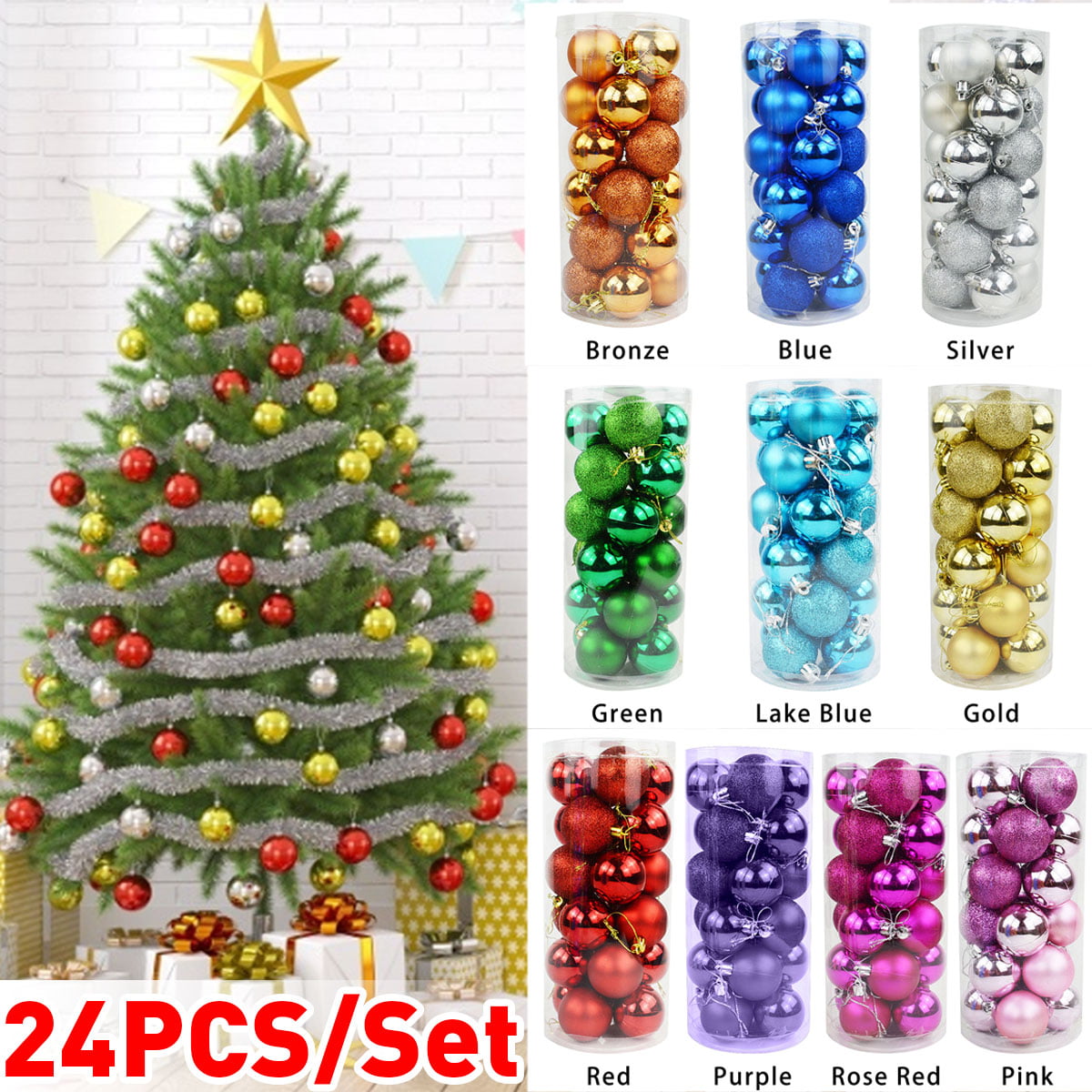 14 Colors 24Pcs Christmas Balls Ornaments Small Shatterproof Christmas Tree Decorations Hanging Balls for Holiday Wedding Party Decoration