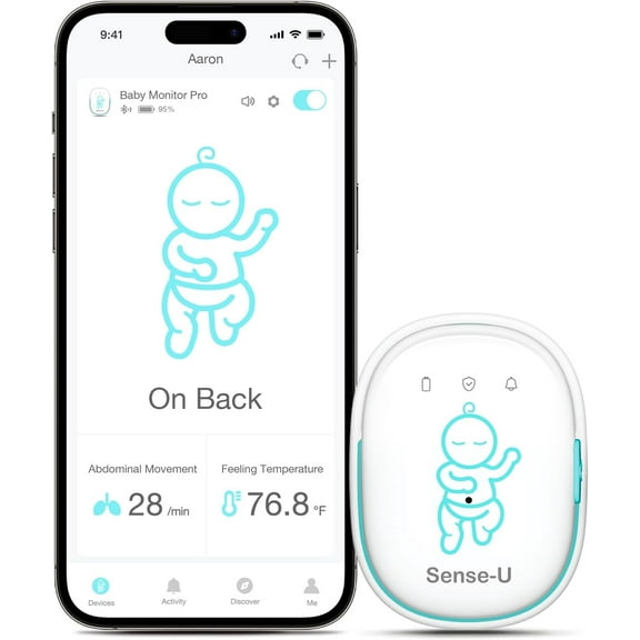 Sense-U Pro Baby Movement Monitor with Arousal Vibration, Audible & App Alerts: Tracks Abdominal Movement, Rollover/Sleeping Position, Feeling Temperature, Portable & Wearable Smart Sleep Monitor