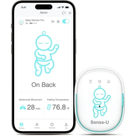 Sense-U Pro Baby Movement Monitor with Arousal Vibration, Audible & App Alerts: Tracks Abdominal Movement, Rollover/Sleeping Position, Feeling Temperature, Portable & Wearable Smart Sleep Monitor