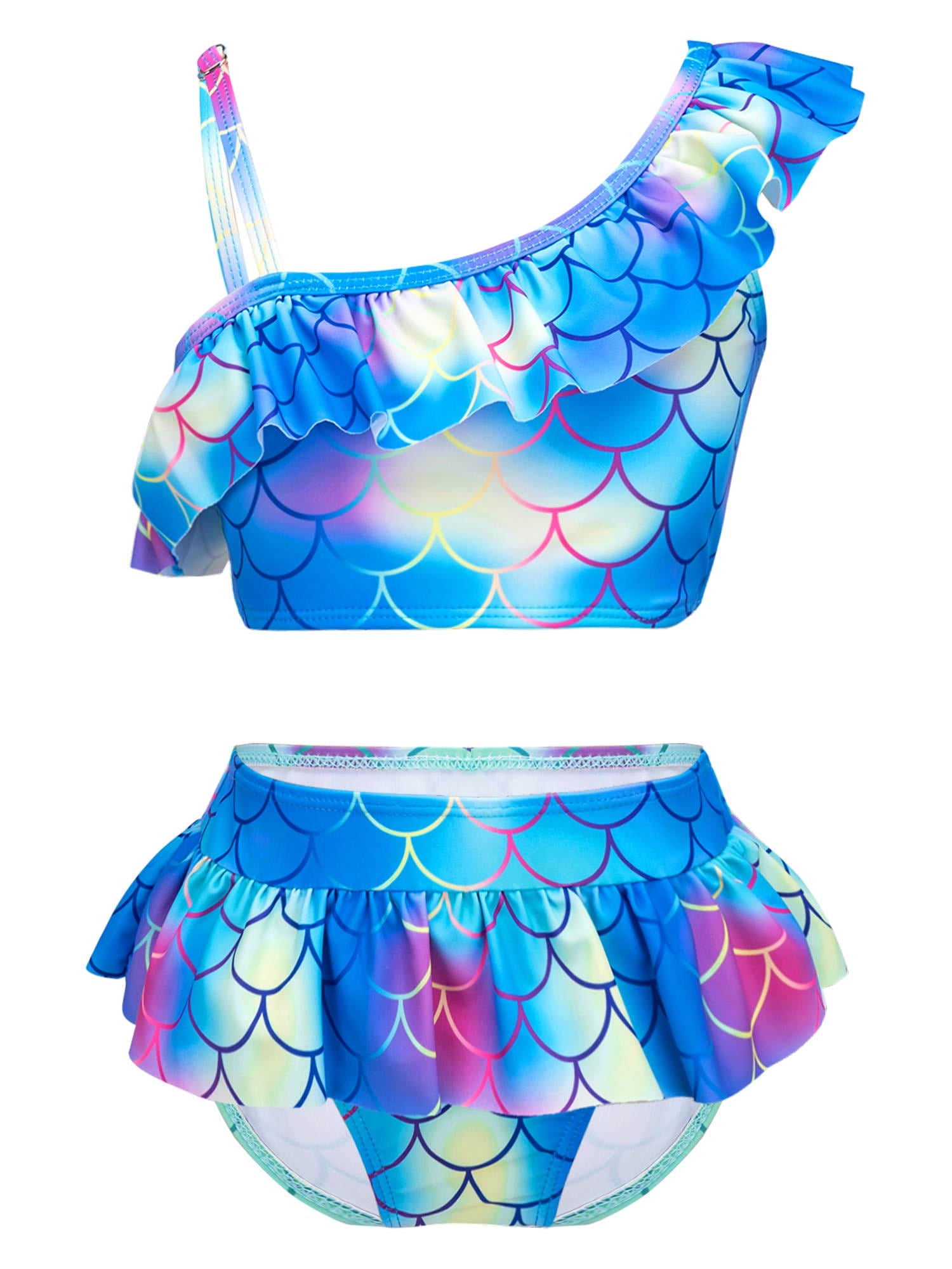 Yeahdor Big Girls Fish Scales Print Bikini Set Asymmetric Ruffle Flounce Tops with Briefs
