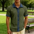 thumbnail image 2 of DDAPJ pyju Men Cotton Linen Short Sleeve Shirt Faux Denim Patchwork Button Down Shirts Summer Casual Vacation Tops Z-Army Green XXL, 2 of 7