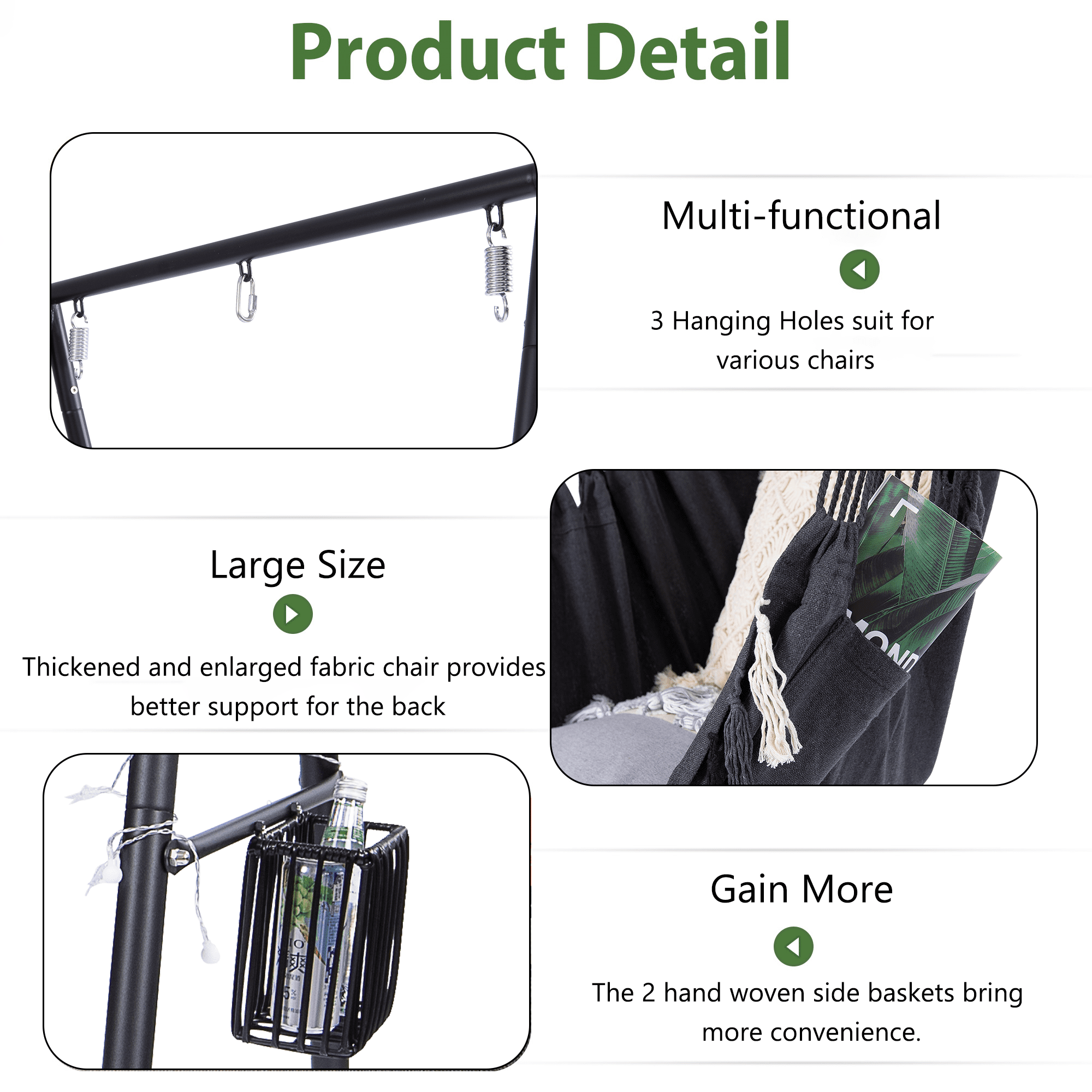 Hammock Chair Hanging Rope Swing & Stand Set with Two Holders, Heavy Duty Hanging Stand with Three Hooks, Multi-Use for Indoor Outdoor Patio Yard Garden (Black)