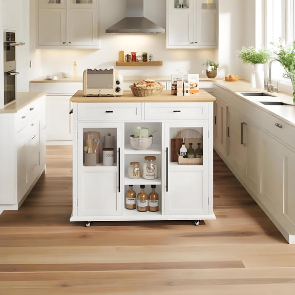 Mobile Modern Storage Island,Rolling Kitchen Island with Drop Leaf - Door Cabinet, Drawer, Bar Cart with Cabinet, Kitchen Cart Island Table for Kitchen,for Kitchen,White