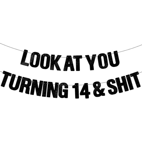 Pre-Strung Look At You Turning 14 - Black Glitter Banner Happy 14th Birthday Party Decorations for Girls & Boys Fourteen Birthday Decor Sign Gifts,