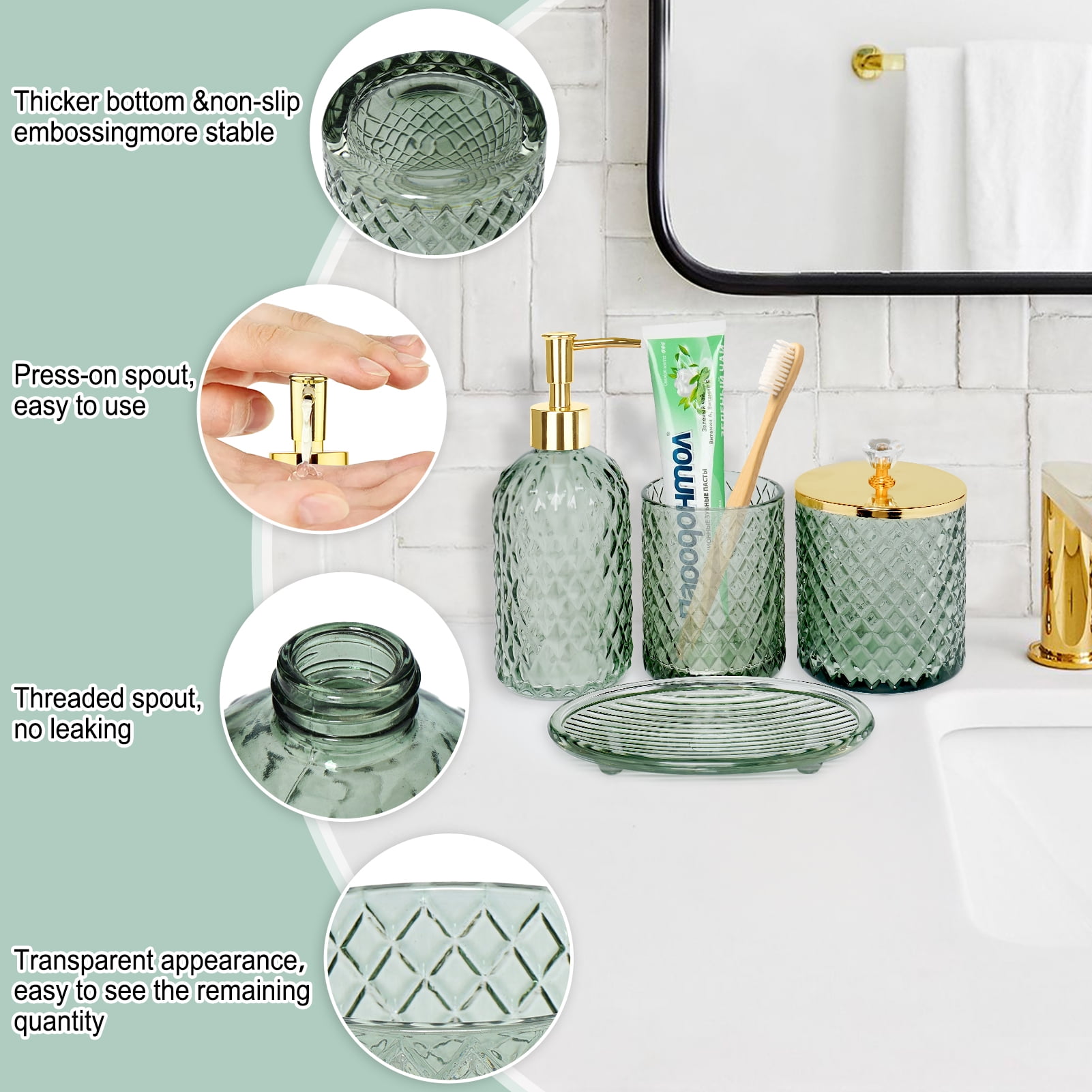 Cirhy 4-Piece Green Glass Bathroom Accessories Set, Lotion Soap Dispenser, Toothbrush Holder, Qtip Holder, Soap Dish, Modern Bathroom Decor Set for Countertop Organization