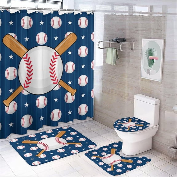 Funny Baseball 4 Pcs Waterproof Shower Curtain Set Cartoon American Sports Theme Baseball Boys Room Decor with Waterproof Toilet Cover Shower Mat Rugs,72" W x 72" L