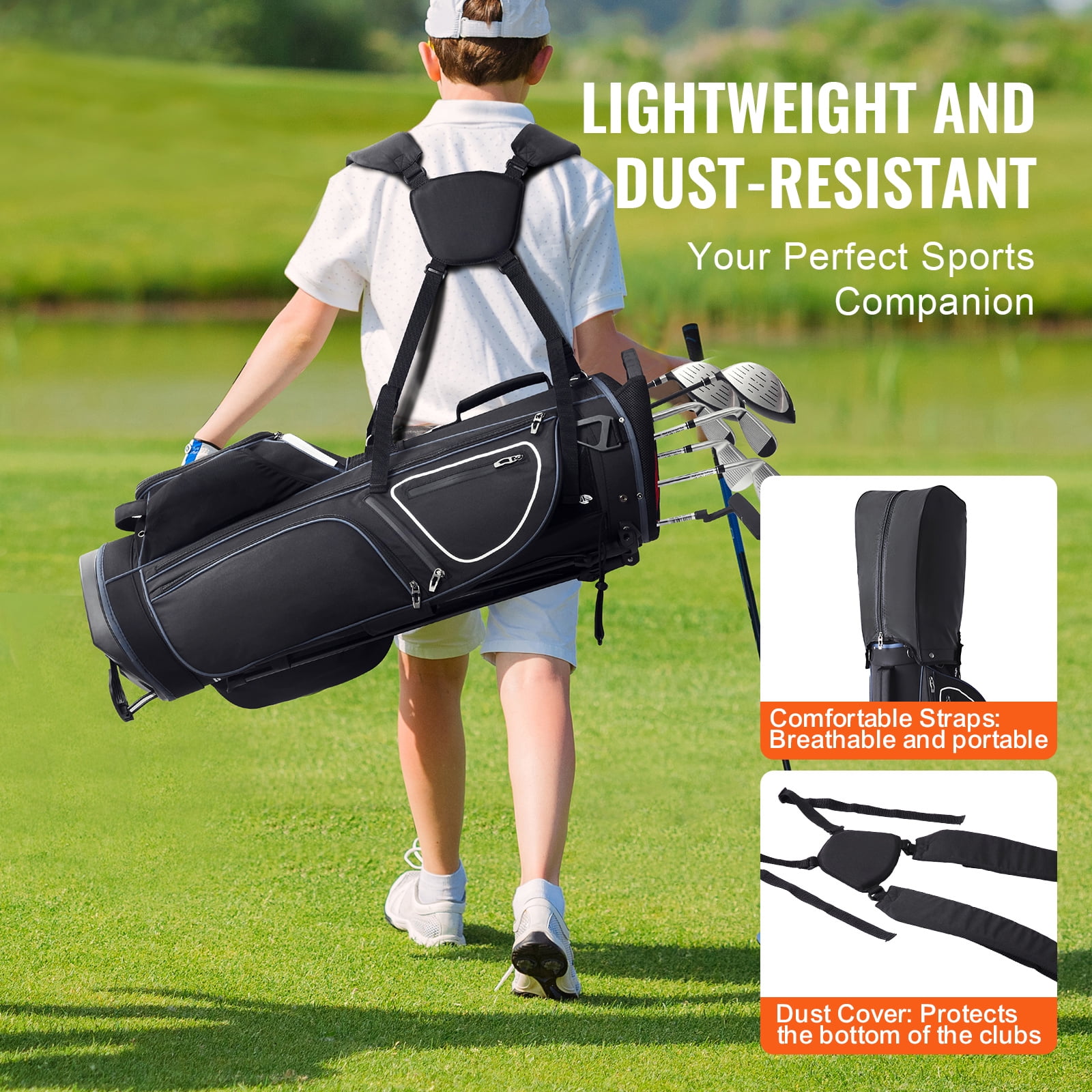 KFFKFF Golf Equipment Bag,14 Section Divider Top,35” 11 Compartments High-End Cart Bag with Stand,Robust Golf Carriers with Handles,Dust Protector & Removable Double Strap for Both Genders,Monochrome
